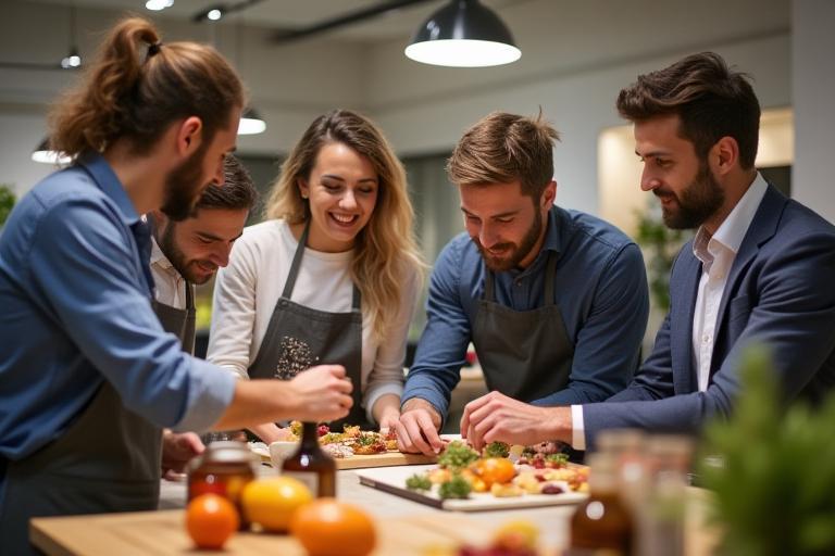 Membri del team Sapori dal Mondo che ispezionano prodotti alimentari in un ambiente professionale