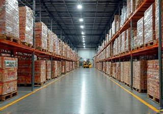 Immagine che mostra un magazzino moderno e pulito con pallet di merci