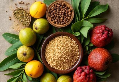 Varietà di superfood africani come frutto di baobab, grano teff e foglie di moringa
