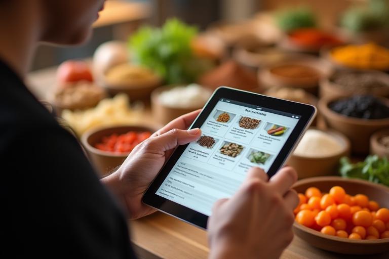 Persona che naviga una biblioteca digitale su un tablet, circondata da diversi ingredienti alimentari